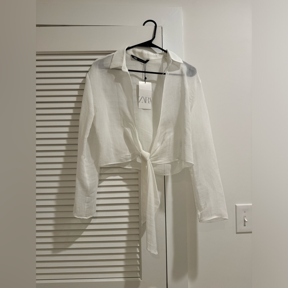 NWT Zara white sheer tie-front top